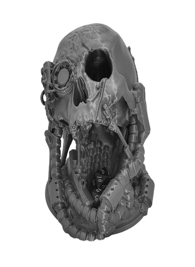 XJPONGC Mechanical Skull Dice Tower Dungeons and Dragons RPG abletop Roleplaying Game Jail D&D (Random 7PCS D20 Dice Set Included) Silver - Image 2